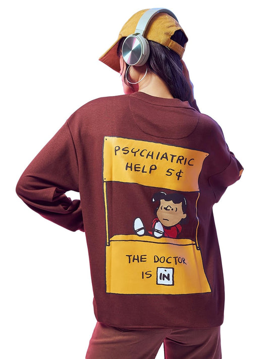 Bewakoof Official Peanuts Merchandise Womens Graphic Printed Oversized Sweatshirt_601616_Maroon_M