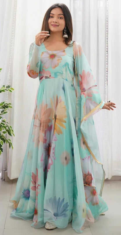 Shasmi Womens Stylish Floral Printed Sea Green Orgenza Anarkali Dress Gown, Kurta with Dupatta Set Anarkali Floral Printed Gown