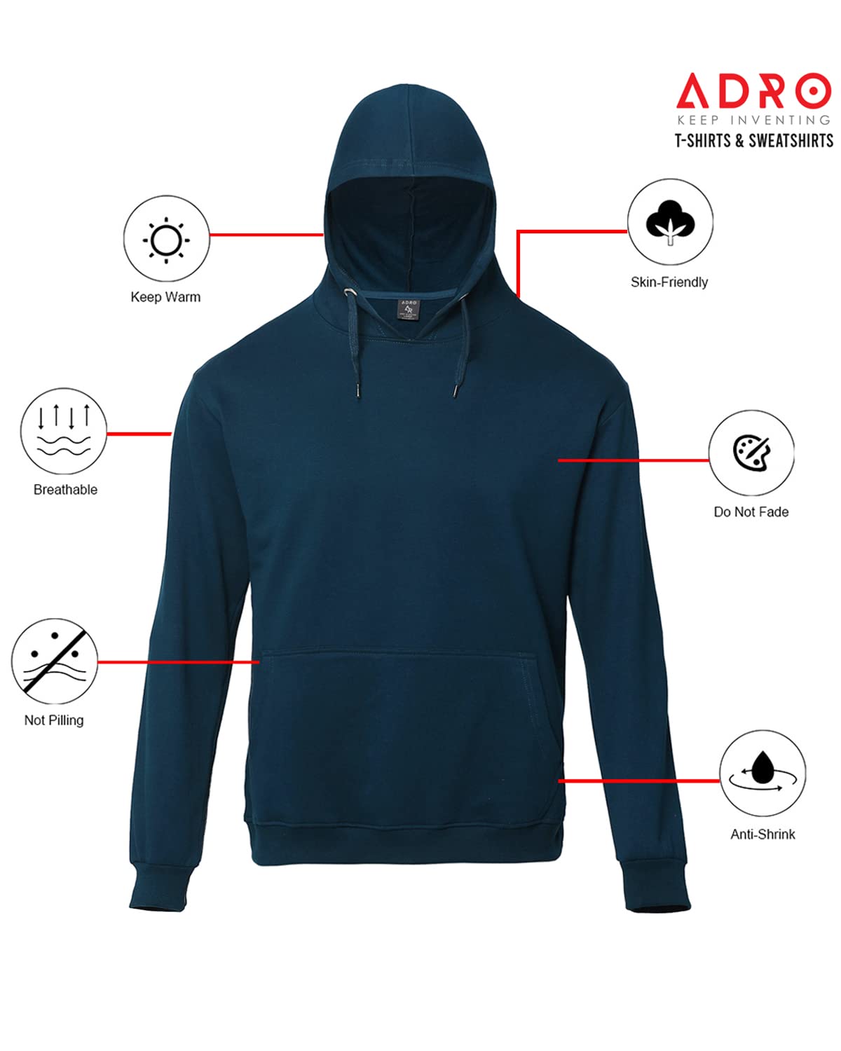 ADRO Men's Cotton Neck Hooded Sweatshirt (H22-1-PLN-SB_Teal)