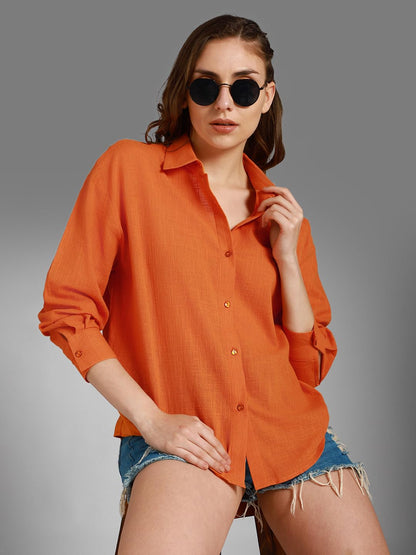 High Star WomenS Cotton Oversized Fit Shirt (Hswshw23003Fk_Or_Orange