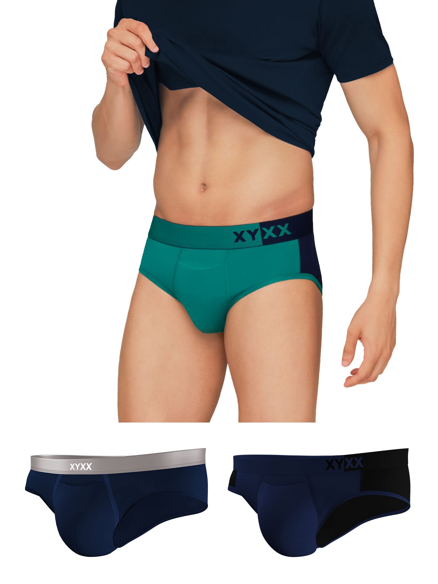 XYXX Mens Underwear Dualist IntelliSoft Antimicrobial Micro Modal Brief Pack of 3 (Navigate & Black Iris ; Black Iris & Black ;