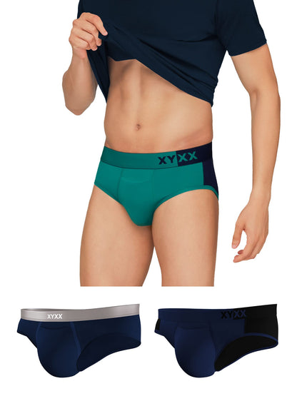 XYXX Mens Underwear Dualist IntelliSoft Antimicrobial Micro Modal Brief Pack of 3 (Navigate & Black Iris ; Black Iris & Black ;