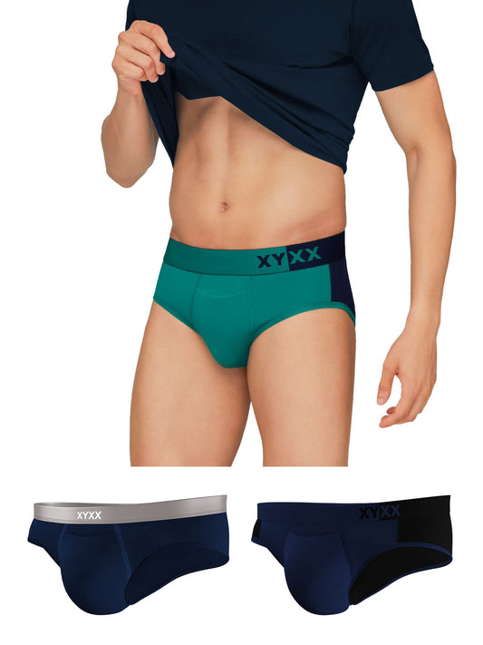 XYXX Mens Underwear Dualist IntelliSoft Antimicrobial Micro Modal Brief Pack of 3 (Navigate & Black Iris ; Black Iris & Black ;