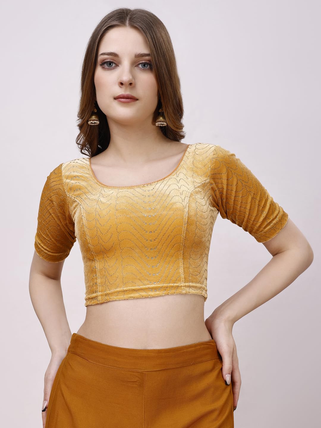 Vihu Fashion WomenS Readymade Hosiery Velvet Lycra Stretchable Round Neck Half Sleeve Blouse With Jari Work Fancy Gold Color Ly