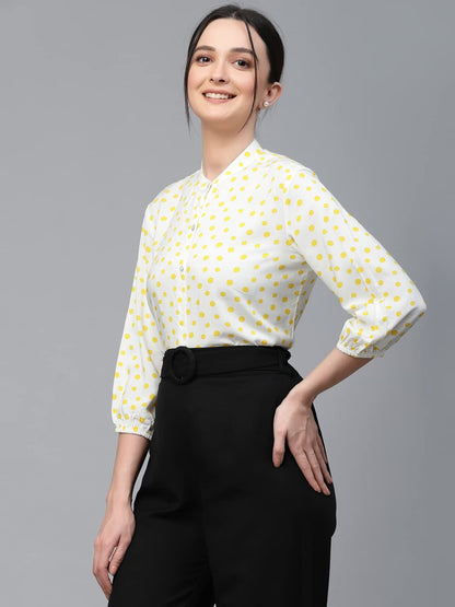 Style Quotient Women White and Yellow Polka Dot Rayon Regular Smart Casual Shirt