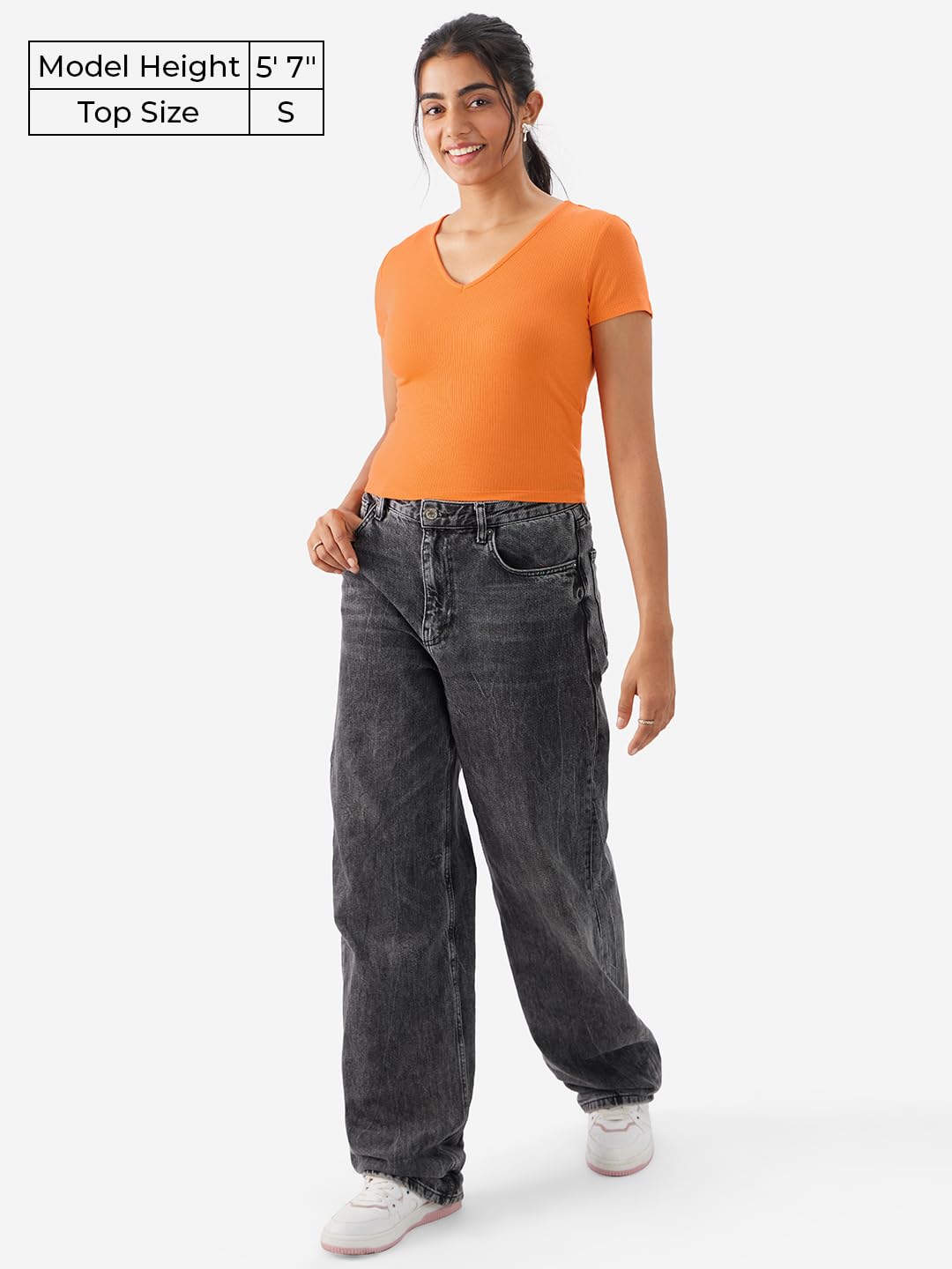 The Souled Store Solids: Blazing Orange Poly Viscose Women & Girls Slim Fit Short Sleeve V-Neck Ribbed Cropped Tops