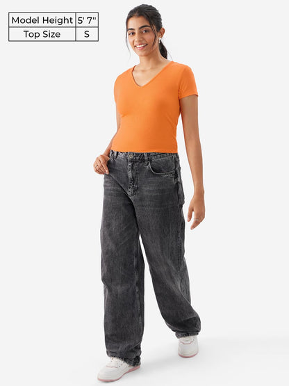 The Souled Store Solids: Blazing Orange Poly Viscose Women & Girls Slim Fit Short Sleeve V-Neck Ribbed Cropped Tops