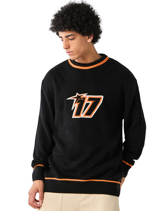 Bewakoof MenS Typography Super Loose Fit Full Sleeve Round Neck 100% Acrylic Sweater_644657_Black_Xl