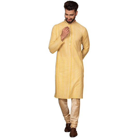 Kisah Cotton Blend Yellow Kurta For Men, Full Sleaves, Knee Length, Straight, Regular Fit, Mandarin Collar, Geometric Embroidere