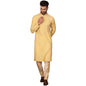 Kisah Cotton Blend Yellow Kurta For Men, Full Sleaves, Knee Length, Straight, Regular Fit, Mandarin Collar, Geometric Embroidere