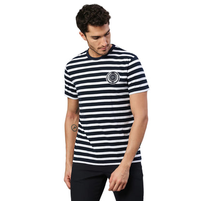 Dennis Lingo MenS Pure Cotton Striped Half Sleeves Casual T-Shirt (Navy)