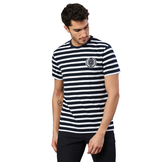 Dennis Lingo MenS Pure Cotton Striped Half Sleeves Casual T-Shirt (Navy)