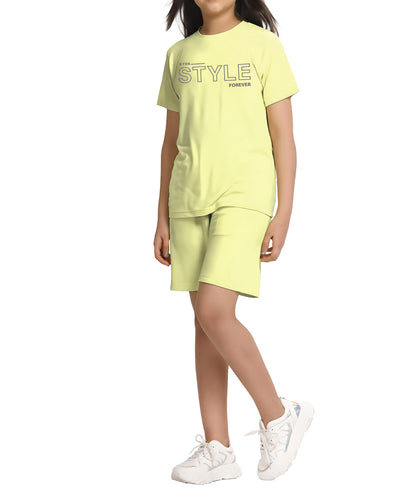 Kyda Kids 100% Pure Cotton Premium Chest Printed Tshirt And Short Set For Girls (Pack Of 1) Light Ivory