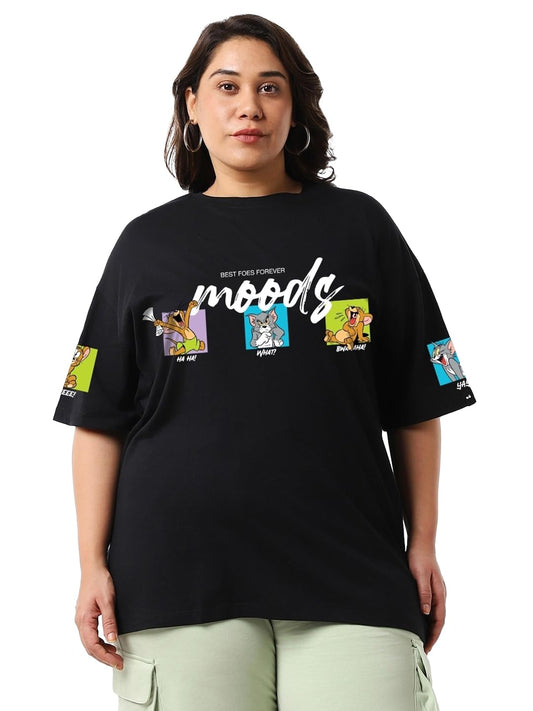 Bewakoof Cotton Official Tom & Jerry Merchandise Womens Graphic Printed Oversized Plus Size T-Shirt_625723_Black_4XL