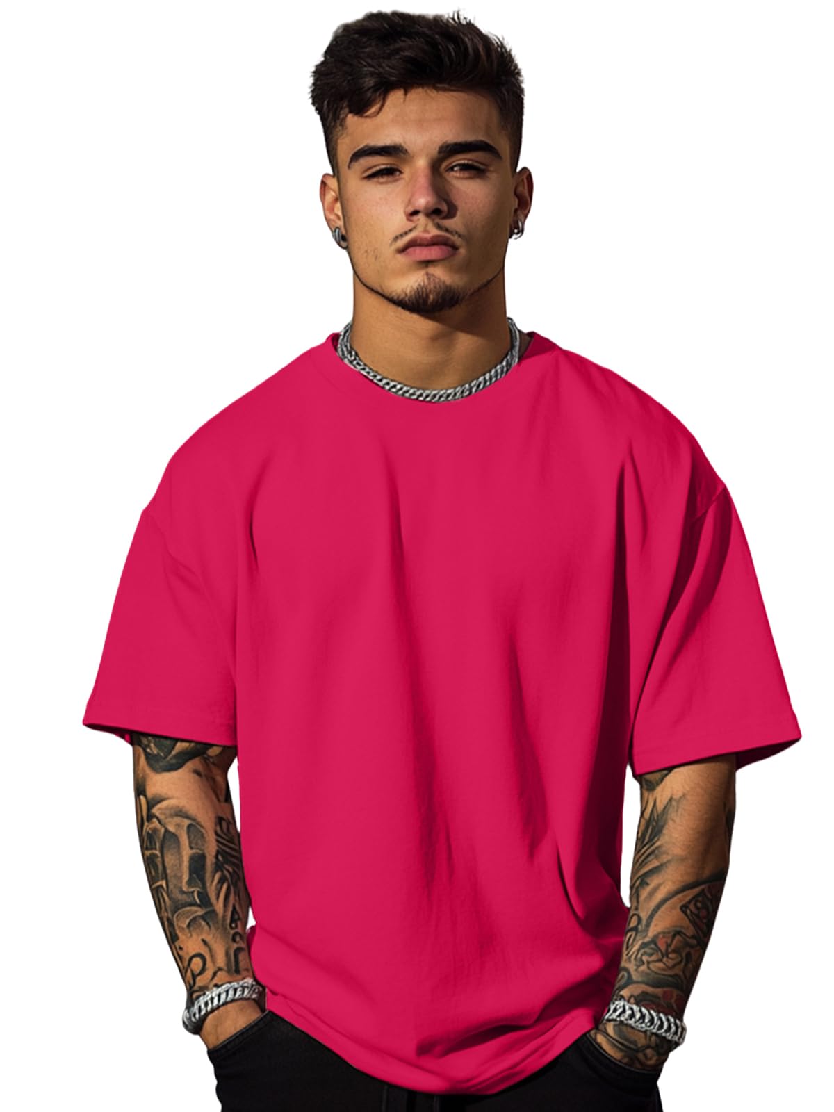 Veirdo Mens Cotton Short Sleeve Round Neck Oversized Fit Solid Viva Magenta T-Shirt Men