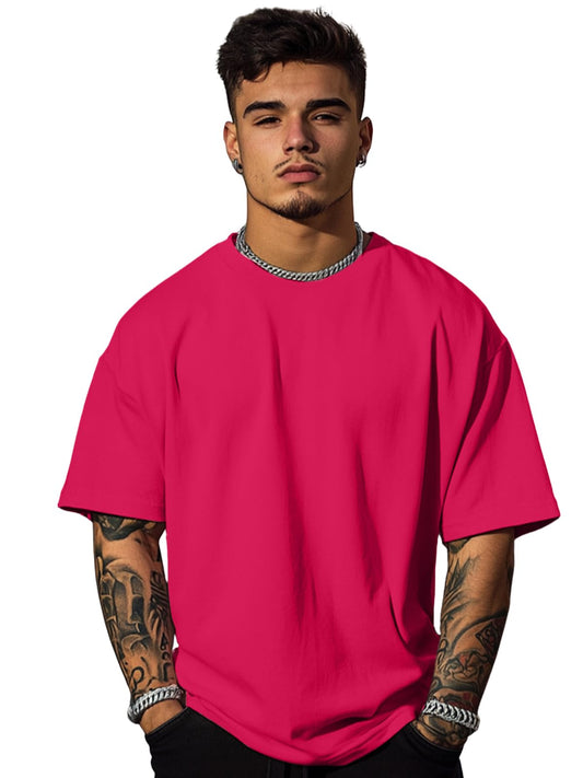 Veirdo Mens Cotton Short Sleeve Round Neck Oversized Fit Solid Viva Magenta T-Shirt Men