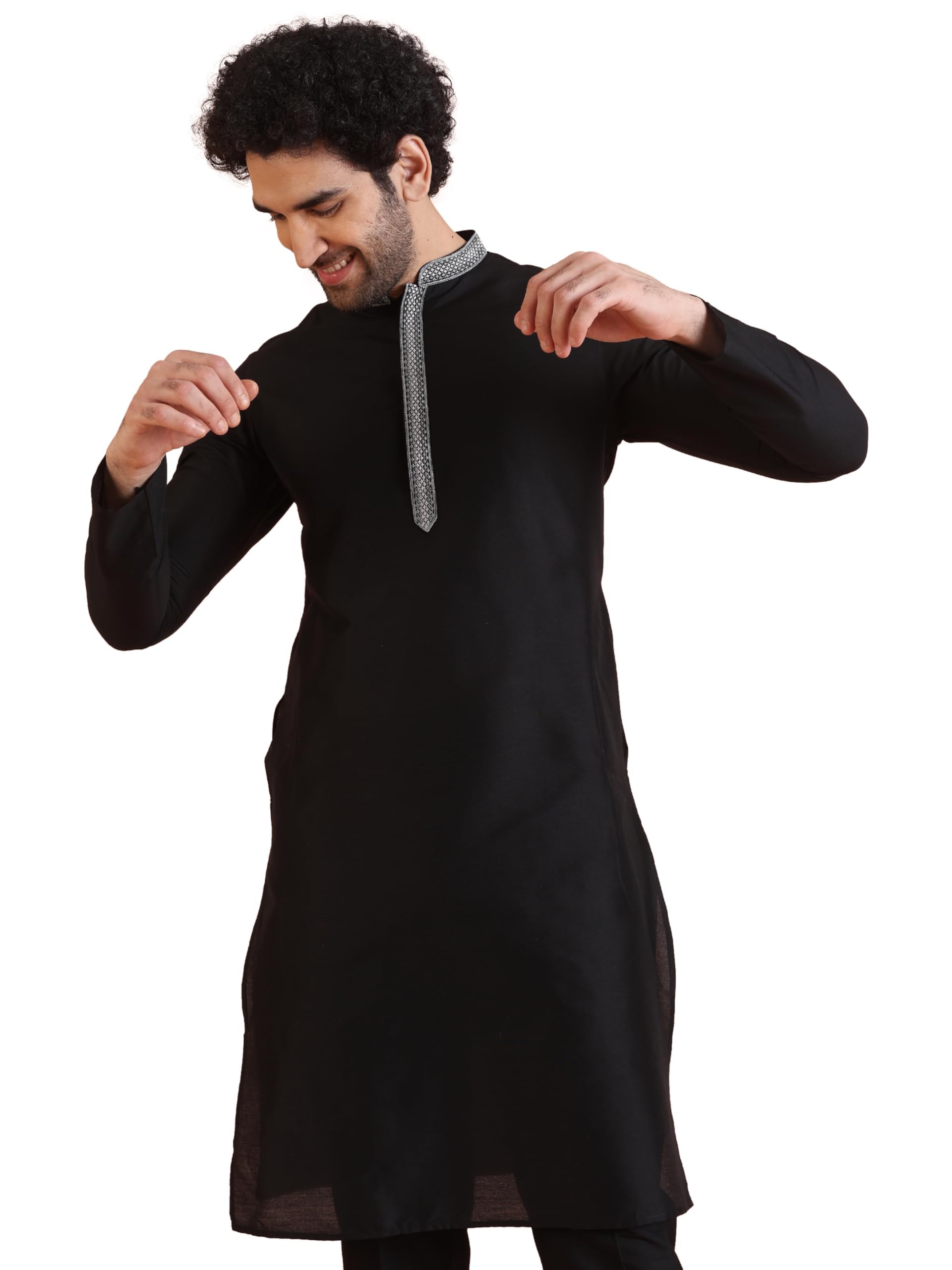 Kisah Men Black Kurta, Cotton, Full Sleaves, Knee Length, Straight, Regular Fit, Mandarin Collar Ethnic Wear-40