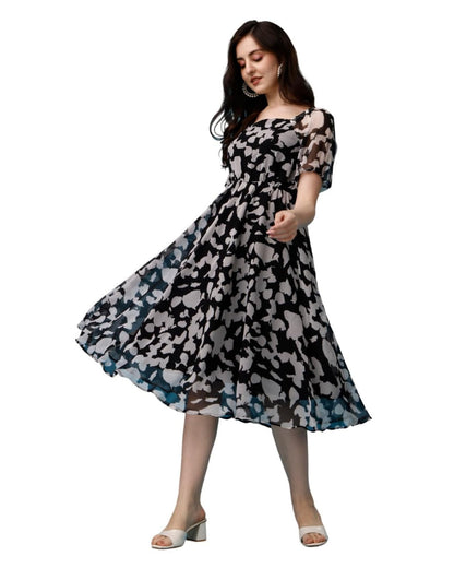 Trillmixa WomenS Georgette Midi Dress With Floral Printed Pattern Half Sleeves Knee Length Round Neck And Regular Fit Black