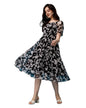 Trillmixa WomenS Georgette Midi Dress With Floral Printed Pattern Half Sleeves Knee Length Round Neck And Regular Fit Black