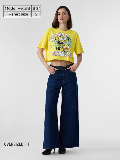 The Souled Store Official Spongebob: Running Away Women and Girls Oversize Fit Half Sleeve Graphic Printed Cotton Yellow Color C