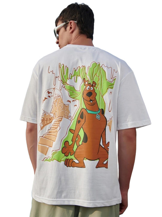 Bewakoof MenS Scared Scoob Graphic Print Cotton T-Shirt- Oversized Fit, Round Neck, Half Sleeves 558403_White_2Xl