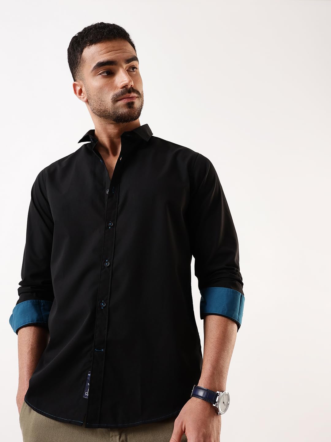 Dennis Lingo Men Black Solid Spread Collar Full Sleeves Regular Fit Cotton Casual Shirt