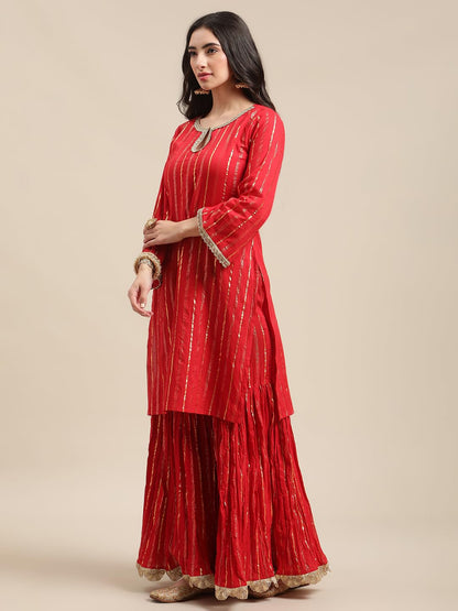 Varanga Women Red Gold Lurex Striped Straight Kurta Sharara Set with Net Gota Embellished Dupatta.