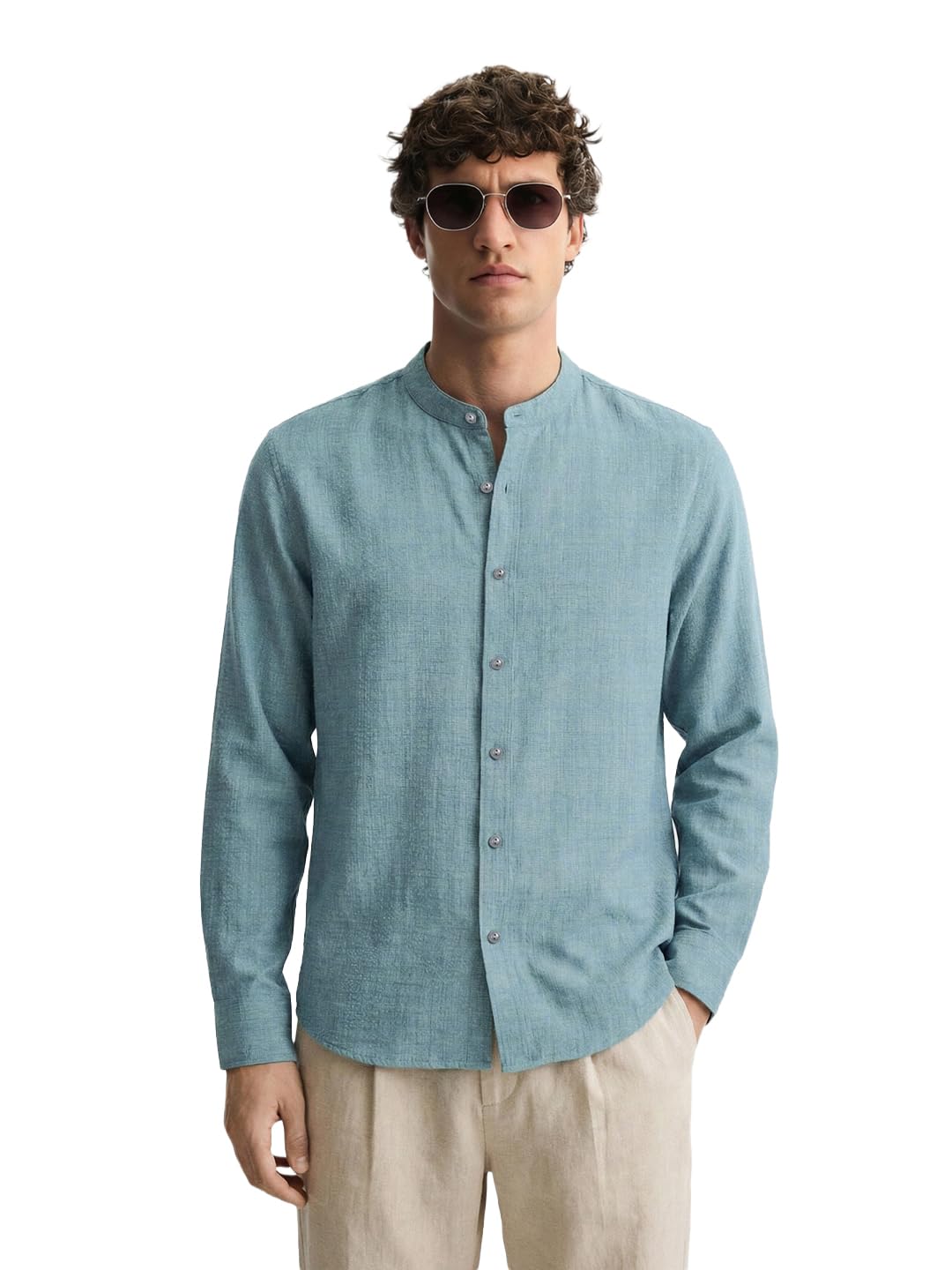 The Indian Garage Co Mens Relaxed Fit Textured Mandarin Collar Long Sleeves Resort Sweater