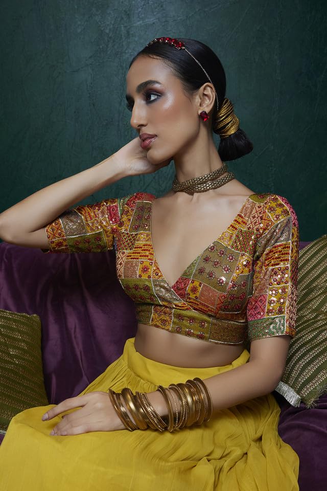 Soch Womens Mustard Tussar Sequin Embroidered V-Neck Back-Open Blouse