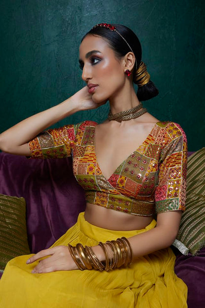 Soch Womens Mustard Tussar Sequin Embroidered V-Neck Back-Open Blouse