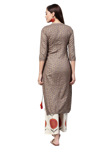 ishin Women's Viscose Rayon A-Line Embroidered Thread Work Floral print Grey Kurta suit set with Palazzo