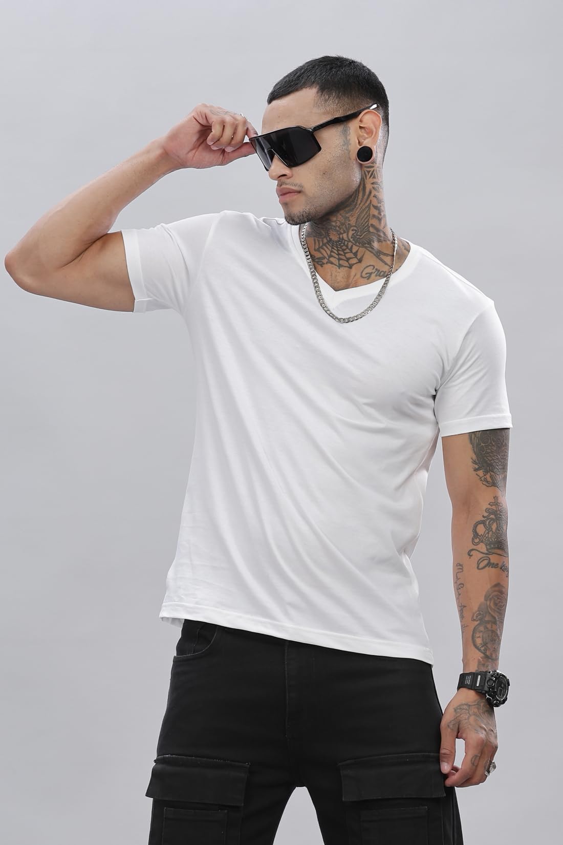 ADRO Men's V Neck Solid Cotton T-Shirt (VN-M-PLN-WH_White)
