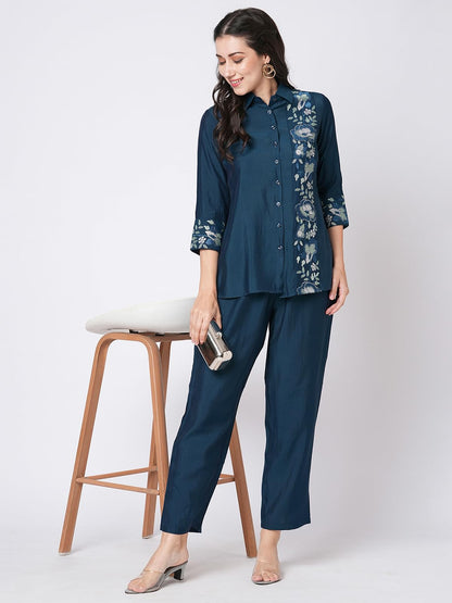 Selvia Co-ords Set for Women|Silk Blend Ethnic Shirt & Trouser Set|Ethnic Co-ords Set for Women|Sequins and Embroidery Work Two