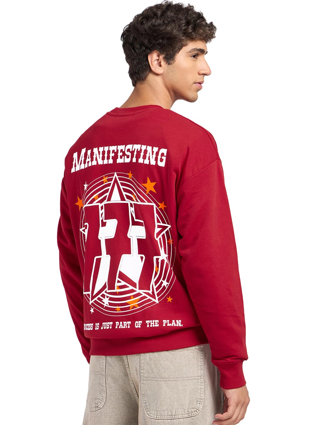 Bewakoof Mens Graphic Printed Oversized Fit Full Sleeve Round Neck Terry Sweatshirt_691869_Red_M