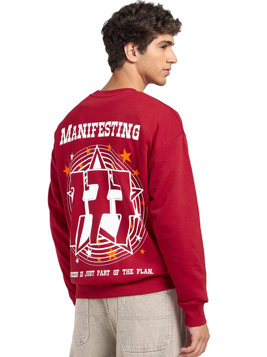 Bewakoof Mens Graphic Printed Oversized Fit Full Sleeve Round Neck Terry Sweatshirt_691869_Red_M