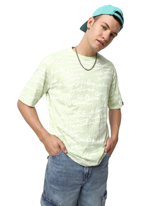 Bewakoof Air 1.0 Mens All Over Printed Oversized Fit Half Sleeve Round Neck Cotton T-Shirt_ 579956 Green M