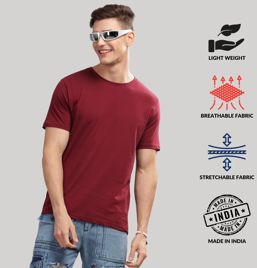 ADRO Men's Solid Regular Fit T-Shirt (RCM3-PLN-MR-BL-WH_Maroon,Black,White