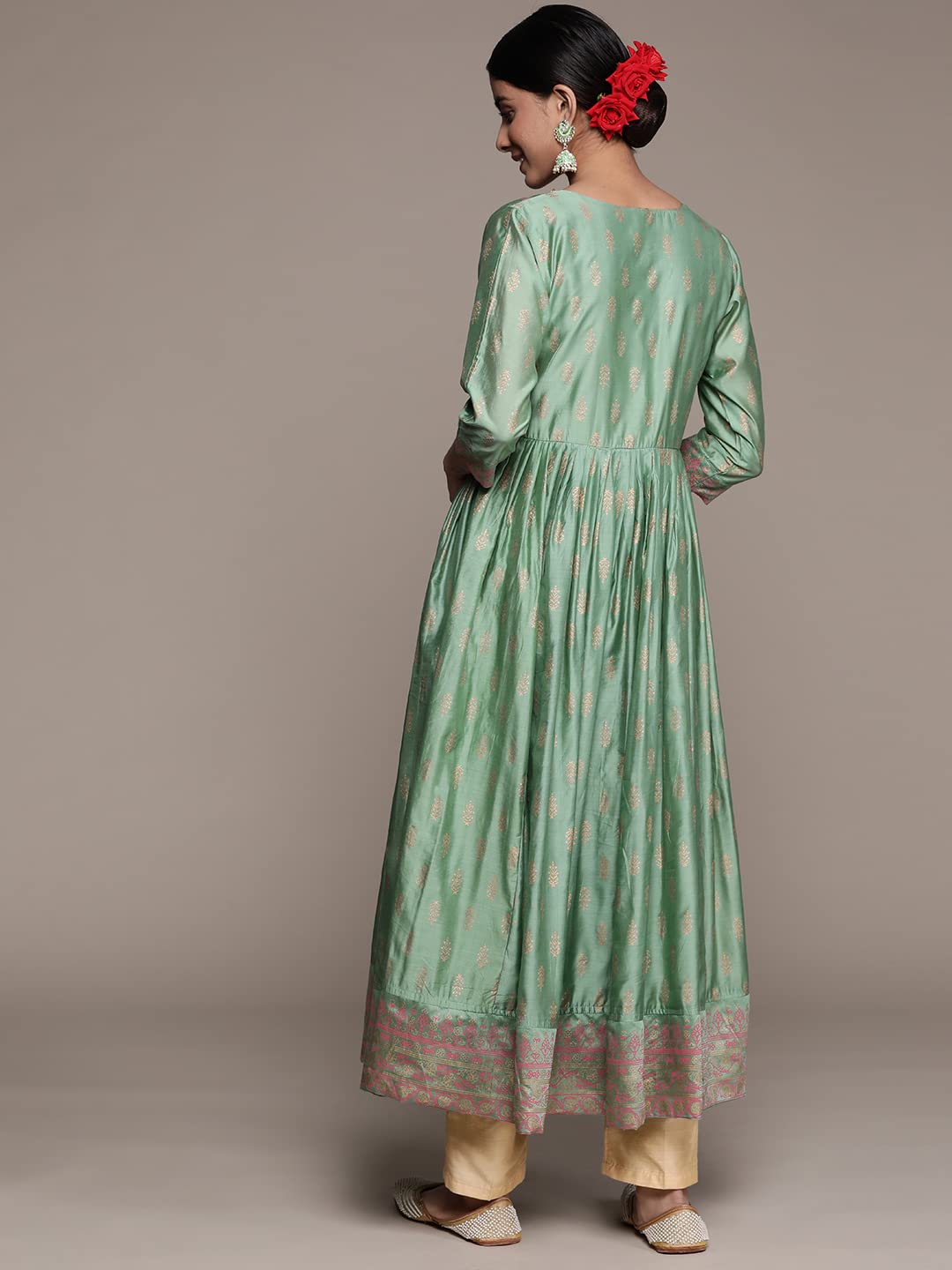 ishin Women's Silk Blend Mint Green Embellished Anarkali Kurta