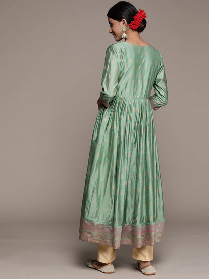 ishin Women's Silk Blend Mint Green Embellished Anarkali Kurta