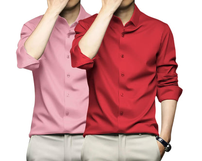 Deelmo Combo Of MenS Stylish Solid Satin Casual Shirt For Men Full Sleeves| Poly Satin Silk Shirt Pack Of 2 Light Pink-Red