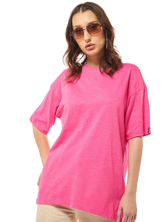 Bewakoof Air 1.0 Womens Solid Oversized Half Sleeve Round Neck Cotton Slub T-Shirt_611045_Pink_XL