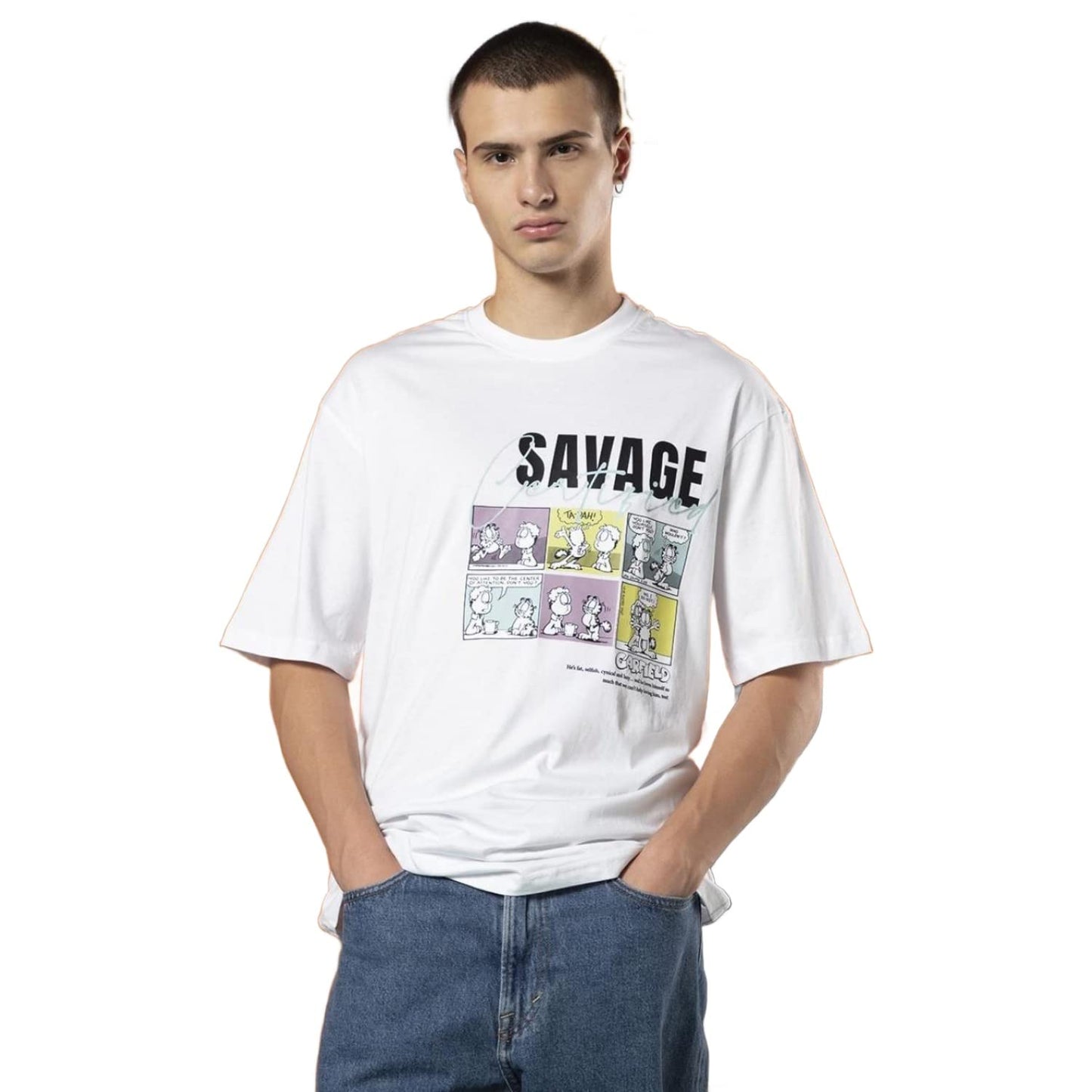 Bewakoof X Official Garfield Merchandise Mens Savage Certified Graphic Print 100% Cotton T-Shirt - Oversized Fit, Round Neck, H