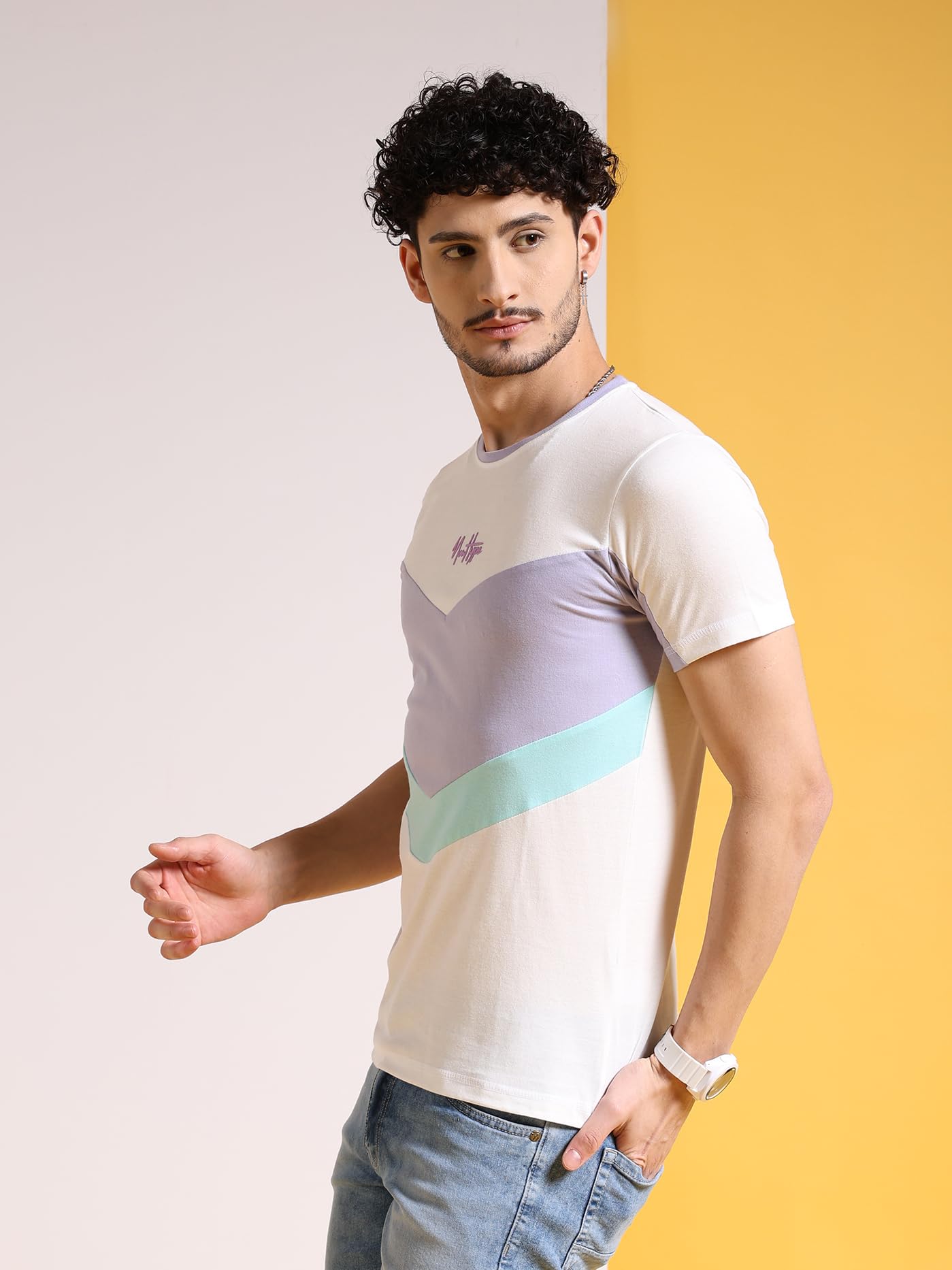 The Indian Garage Co Men Drop Shoulder Loose fit Colourblocked Round Neck Tshirt White
