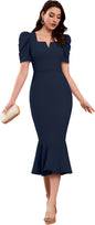 Satpurush WomenS Lycra Blend Sweet-Heart Neck Puff Sleeve Fit And Flared Calf Length Casual Bodycon Dress For Party, Office, Me