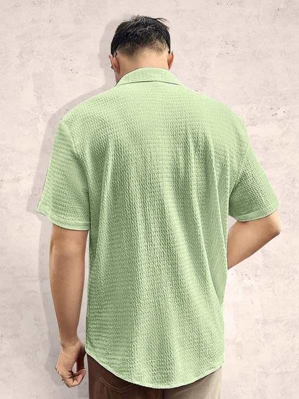 Pinkmint Popcorn Shirt for Men Soild Slim Fit Sleeve Spread Collar Trendy Men Shirt Summer Wear Goa Wear Navy Blue