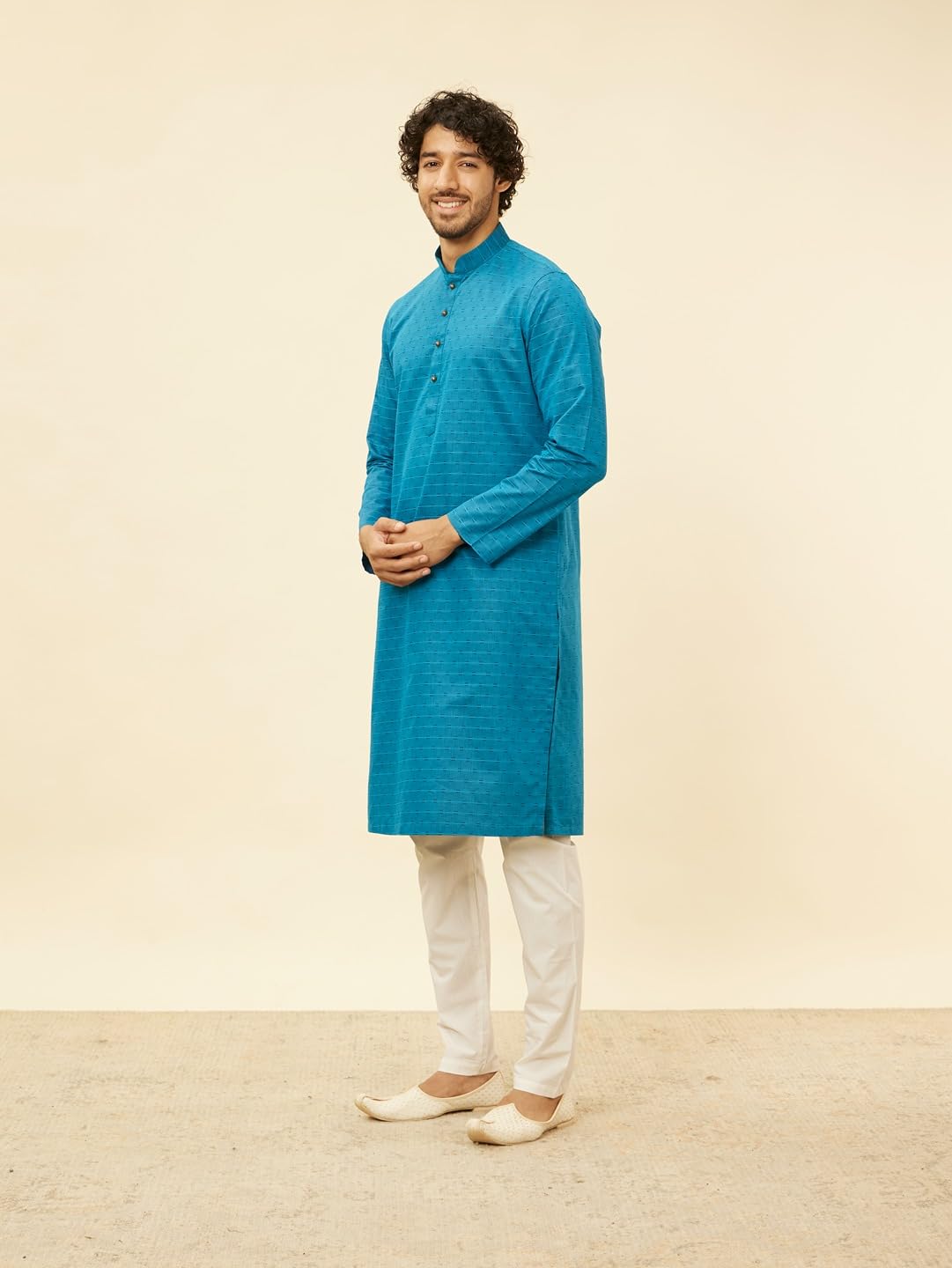 Manyavar Mens Blue Blended Cotton Self Design Kurta Pyjama Set