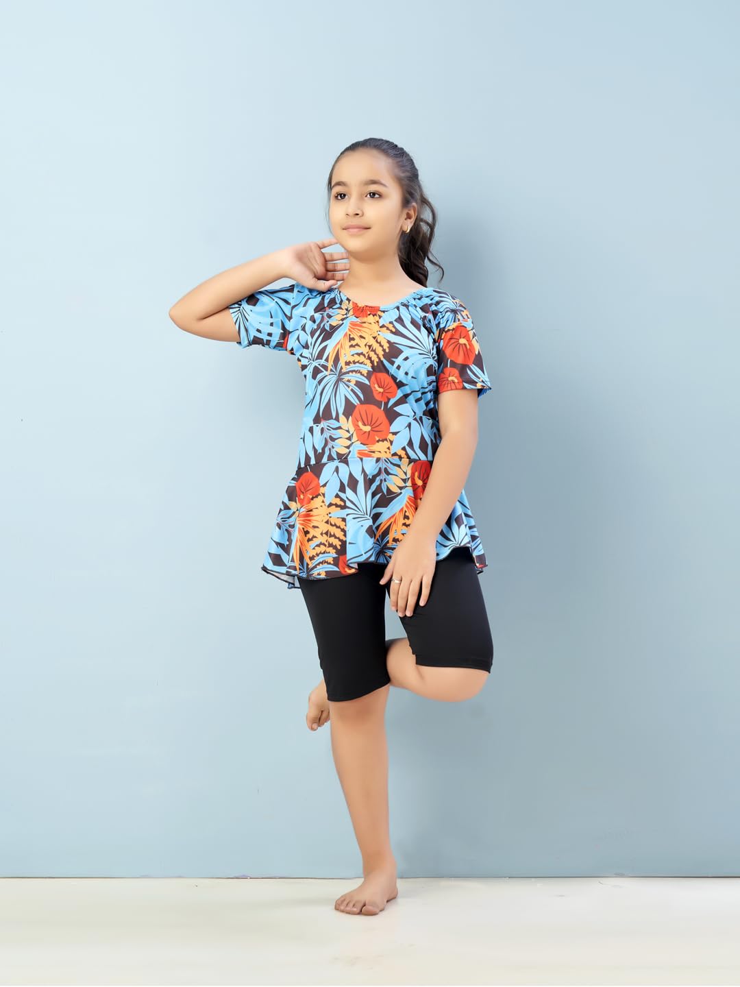 Aarika Girls Sports Wear Firozi-Black Colour Floral Print Nylon Swim Suit (5-15 Years)-(SW-SHM-CA-1115)