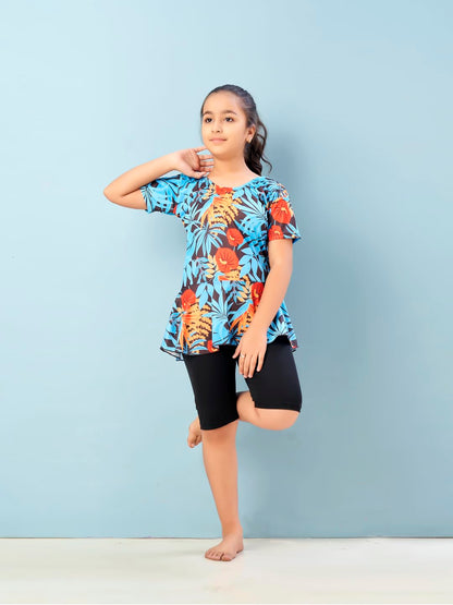Aarika Girls Sports Wear Firozi-Black Colour Floral Print Nylon Swim Suit (5-15 Years)-(SW-SHM-CA-1115)
