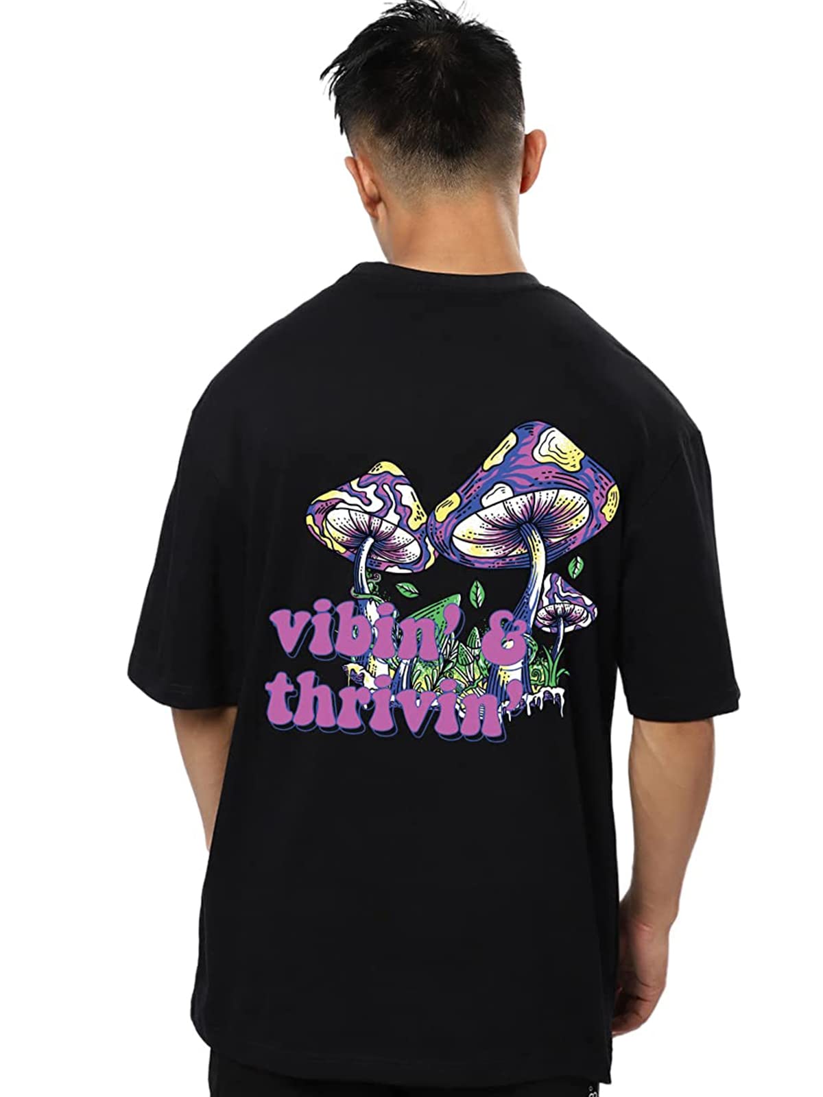 Veirdo Mens Cotton Oversize Loose Fit Drop Shoulder Round Neck Short Sleeve Graphic Printed T-Shirt