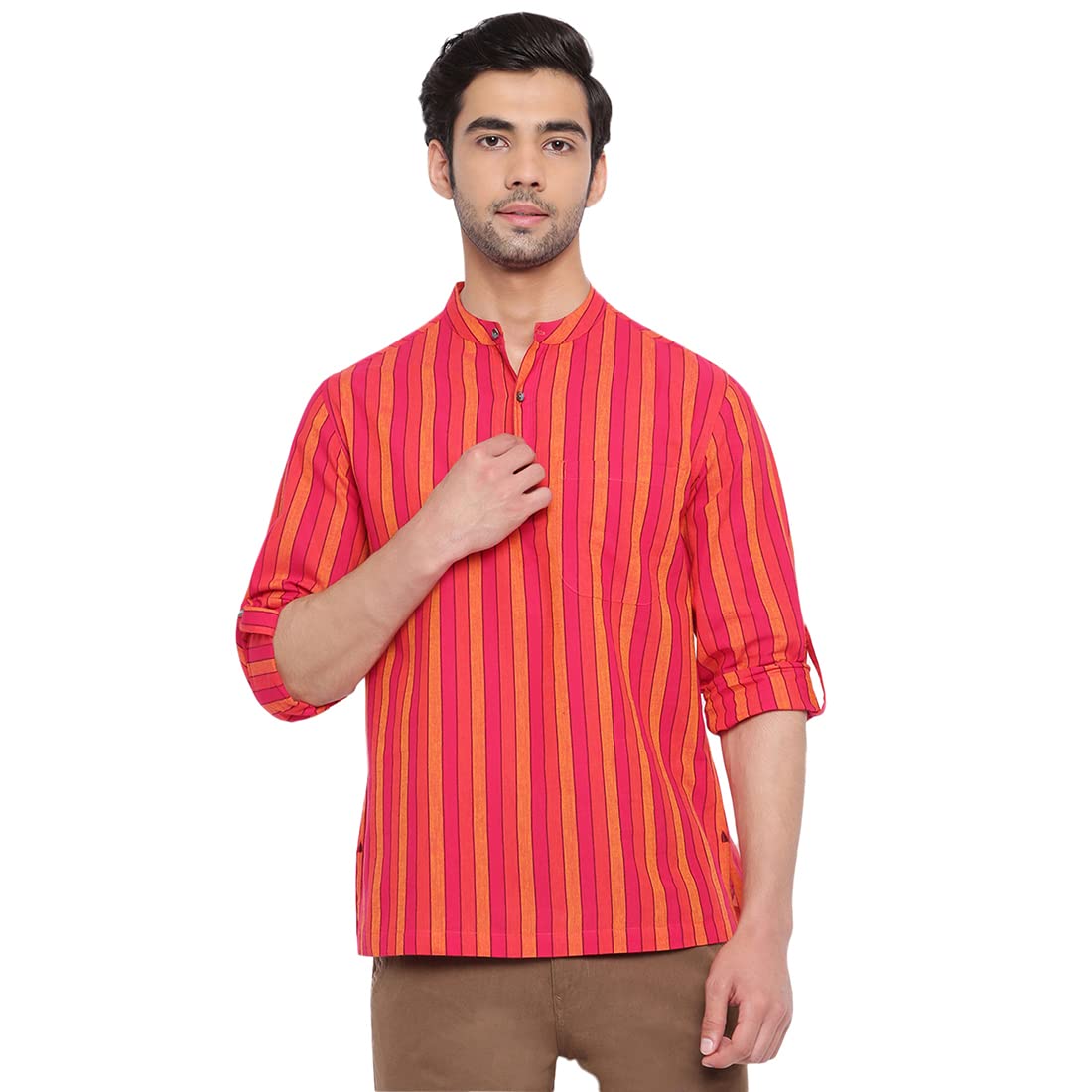 Fabindia Relaxed Fit Men Cotton Striped Mid Placket Shirt (101093901_Pink